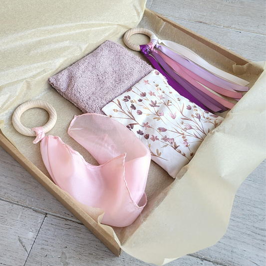 Baby cadeauset zachtroze met duurzaam speelspeelgoed